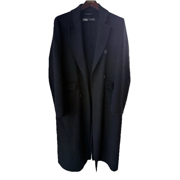 Zara Women's Medium Double Breasted Long Topcoat Peacoat Black Wool Blend - Picture 2 of 16